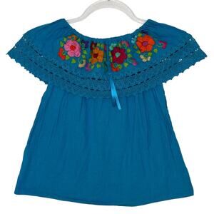Turquoise Embroidered Off Shoulder Peasant Gauze Top Boho Crochet Trim XS